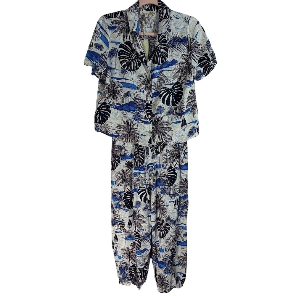 NWT C&C California 2 Piece Set Womens L Blue Tropical Linen Blend Shirt Pants